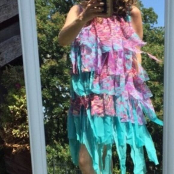Rancho Estancia Sleeveless Dress Rainbow Colors Carwash Fringe Fairy Midi S NEW - Picture 2 of 10